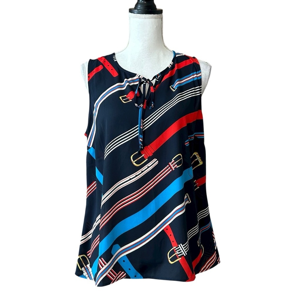 Cabi 5736 Hold Up‎ Navy Belt Print Tie Neck Tank Top Sleeveless Blouse SZ M